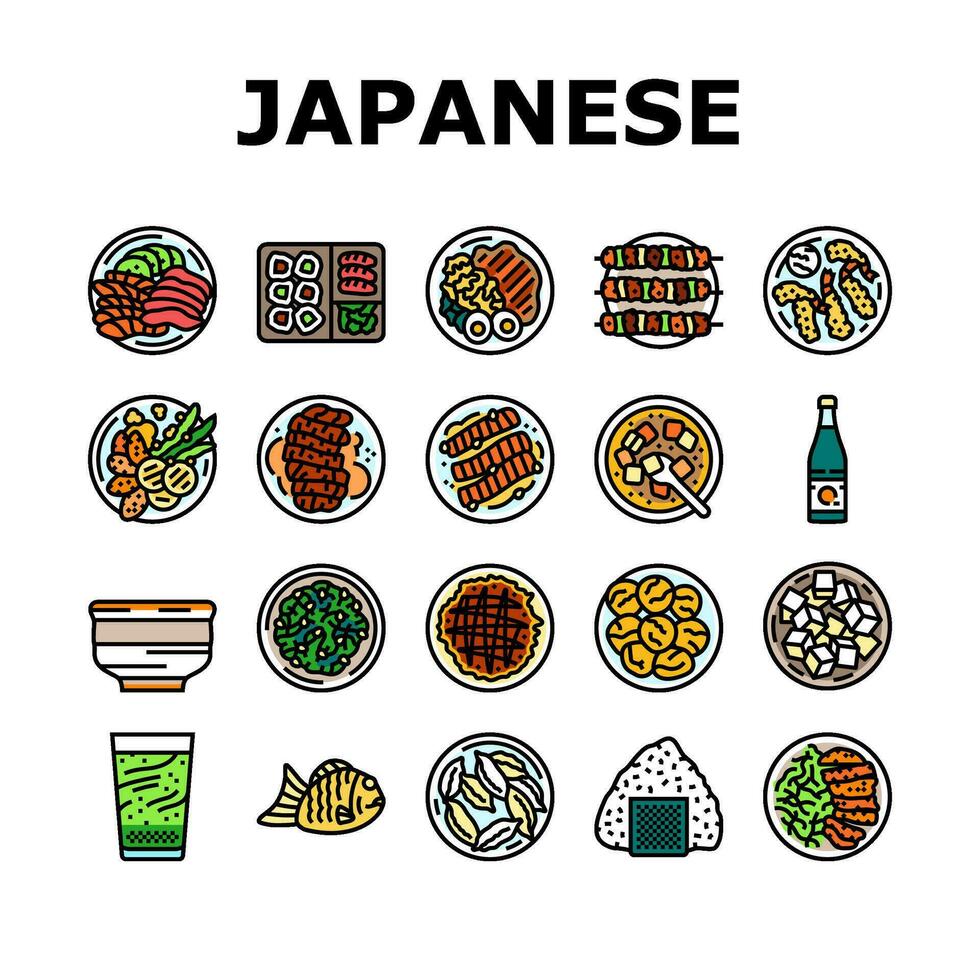 Japans voedsel Aziatisch maaltijd pictogrammen reeks vector