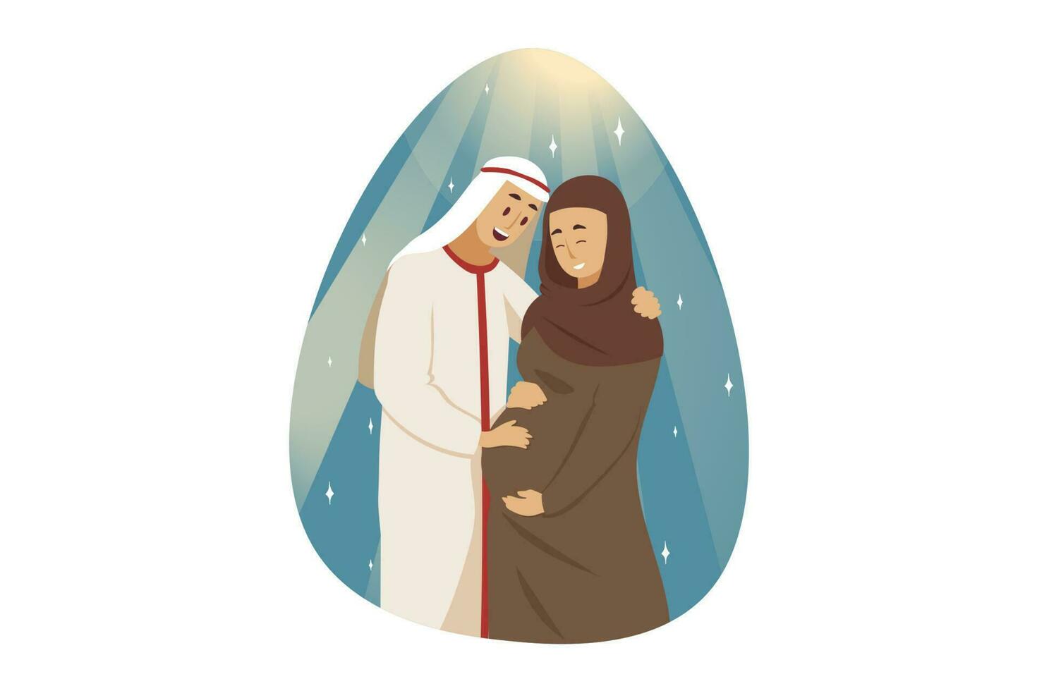 liefde, stel, zwangerschap, familie concept. jong gelukkig Mens moslim vriendje man staand met glimlachen zwanger vrouw vrouw vriendin Arabisch met hijab knuffelen samen. Moederdag en moederschap. vector