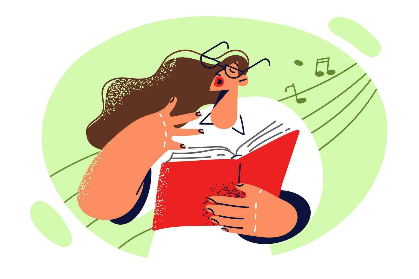vrouw zanger houdt boek met aantekeningen en zingt oefenen vocale koorden voordat deelnemen in opera huis concert. meisje wil naar worden zanger en woont . bij vocale lessen naar leren zingen vector