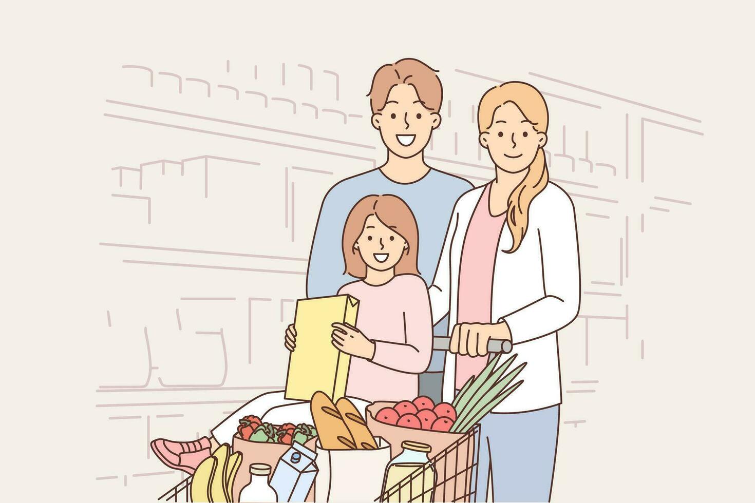 gelukkig familie in supermarkt met mand vol van producten naar bereiden heerlijk en gezond maaltijd. familie Bij kruidenier op te slaan op zoek Bij camera, poseren in de buurt schappen gevulde met handelswaar vector