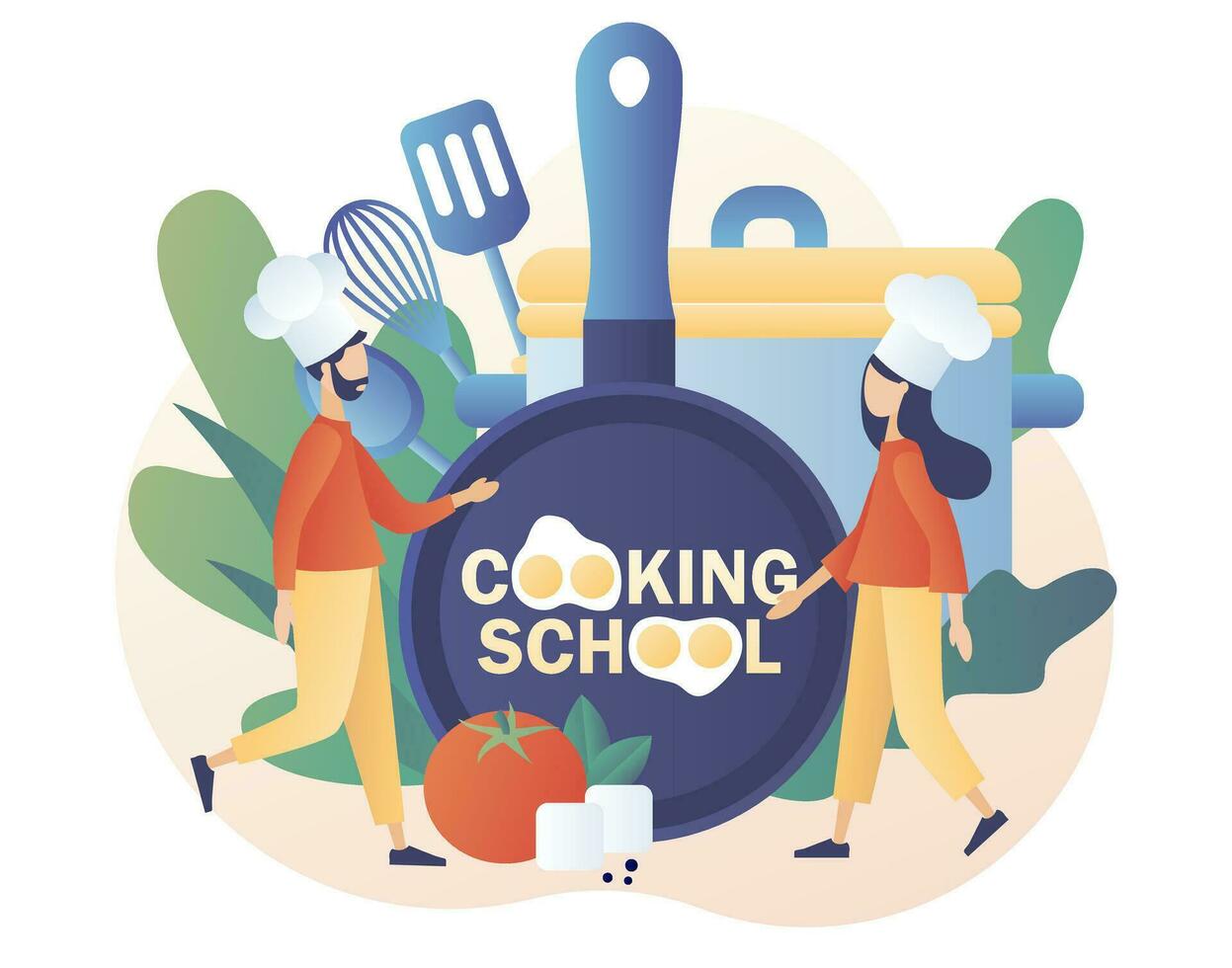 culinaire meester klasse online. Koken school- - tekst Aan keuken frituren pan. klein chef in hoed met keuken gereedschap en voedingsmiddelen. modern vlak tekenfilm stijl. vector illustratie Aan wit achtergrond