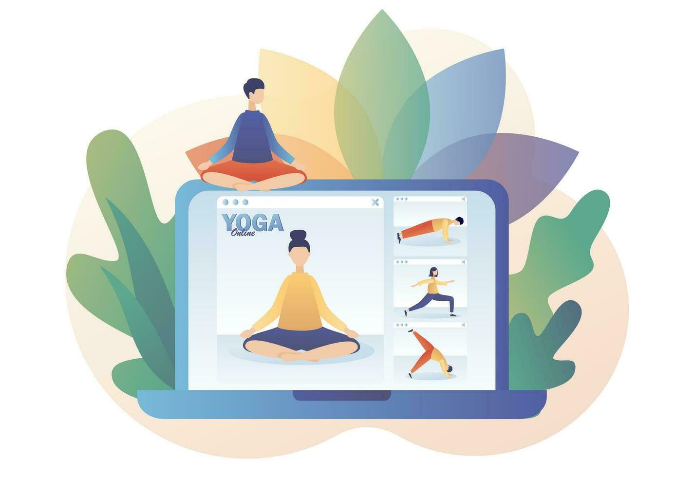 klein mensen aan het kijken online klassen gebruik laptop, beoefenen hatha yoga, meditatie. yoga online. blijven huis concept. modern vlak tekenfilm stijl. vector illustratie Aan wit achtergrond