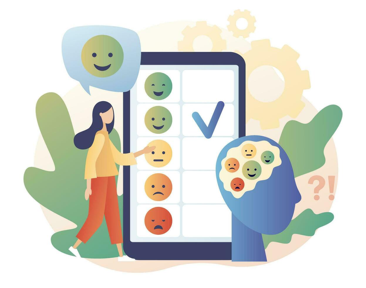 emoties schaal Aan smartphone scherm. humeur concept. uitstekend, mooi zo en normaal, slecht en vreselijk. klein meisje vertrekken terugkoppeling online. emoji reeks voor humeur volger. modern vlak tekenfilm stijl.vector illustratie vector