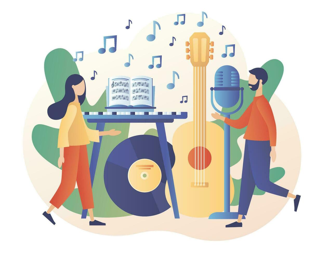 muziek- en vocale lessen. klein muzikanten met microfoon, gitaar, muziek- notitieboekje, toetsenbord. online onderwijs. modern vlak tekenfilm stijl. vector illustratie Aan wit achtergrond