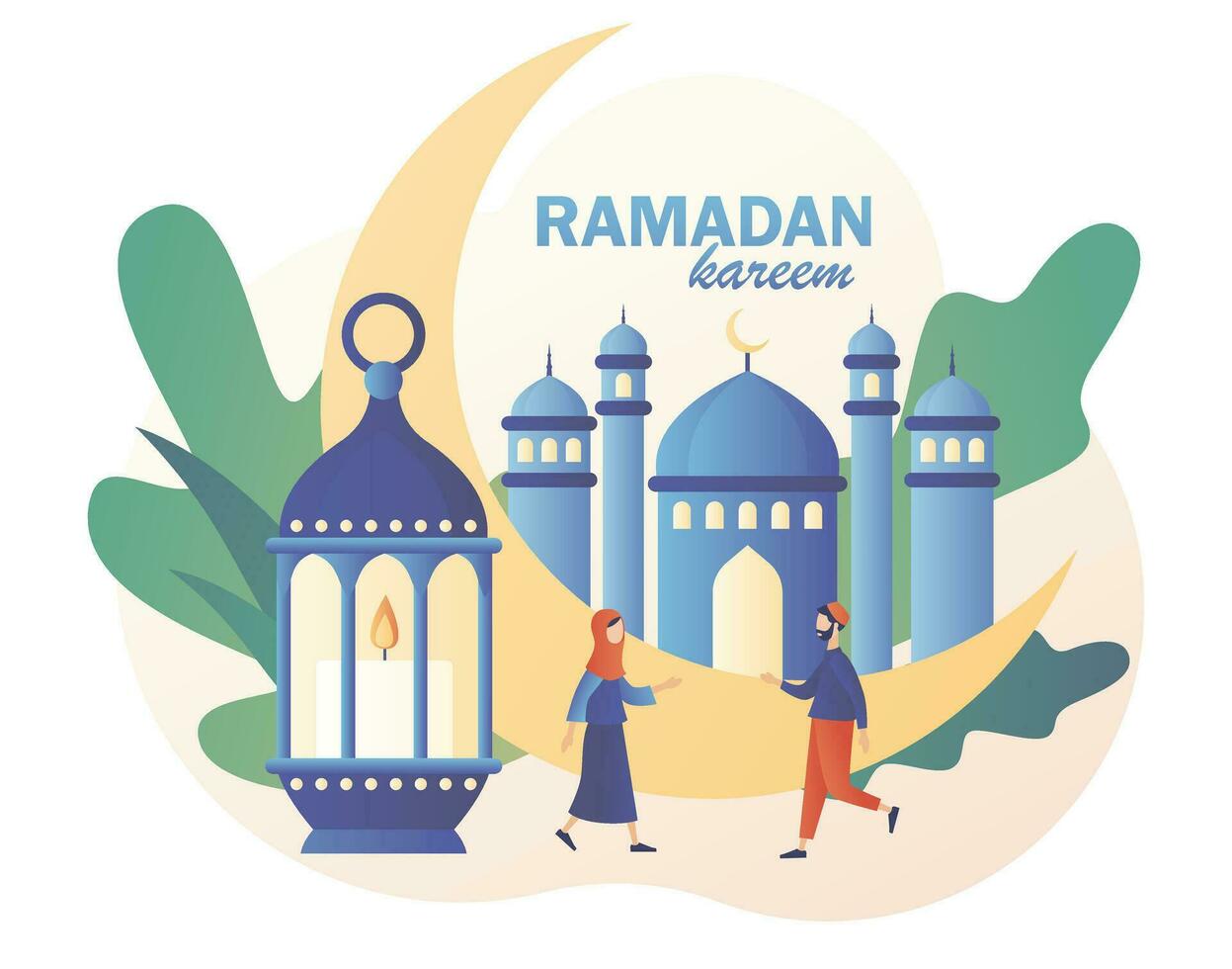 Ramadan kareem. klein mensen begroeten elk andere eid mubarak vakantie. moslim feest. heilig maand, lantaarn voor bidden Bij nacht en moskee. modern vlak tekenfilm stijl. vector illustratie Aan wit achtergrond