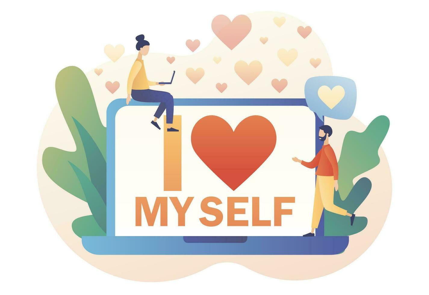 ik liefde mezelf - tekst Aan laptop scherm. klein mensen uitdrukken zelf liefde en zorg. liefde jezelf. liefde uw lichaam. bodypositive concept. modern vlak tekenfilm stijl.vector illustratie Aan wit achtergrond vector