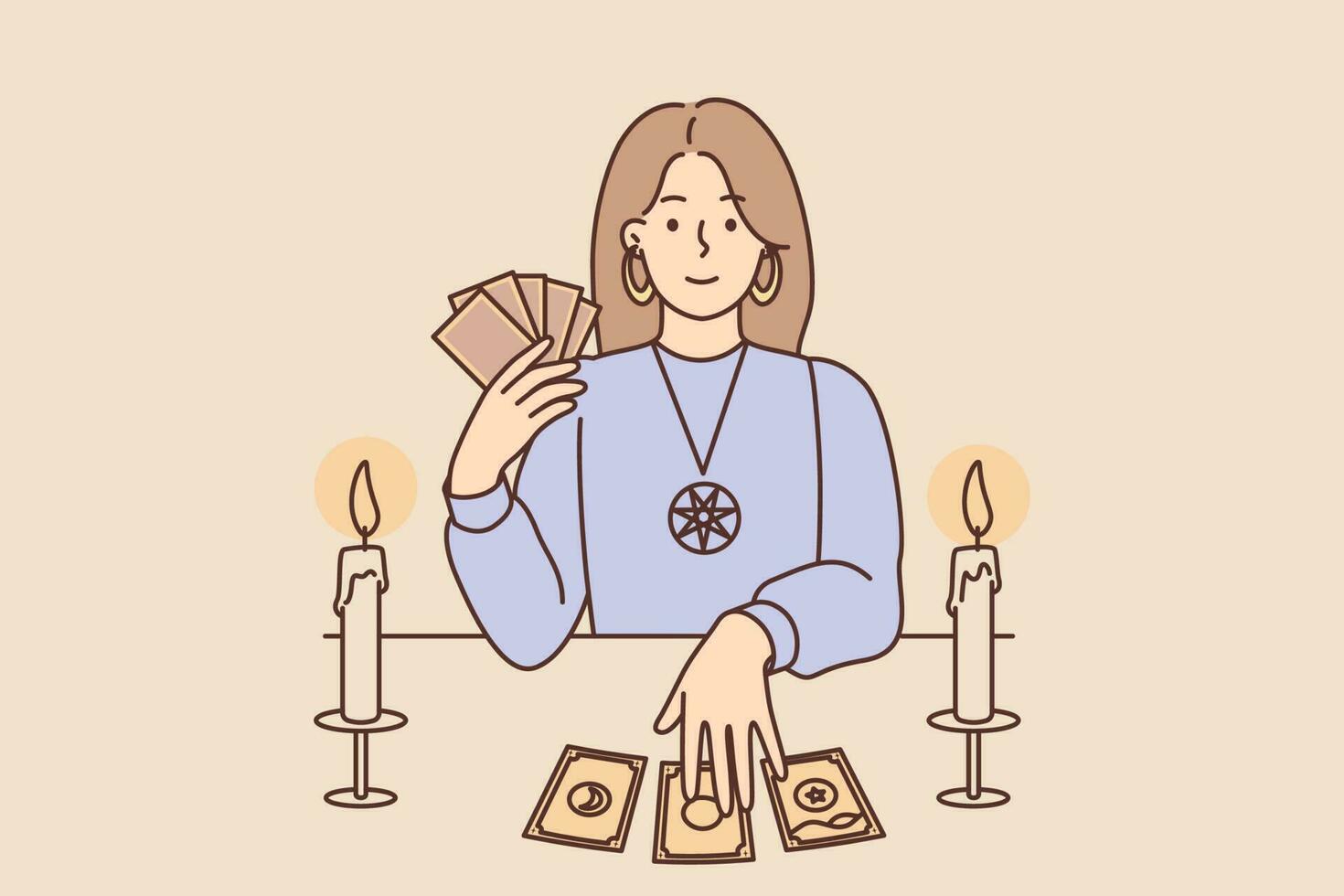 mysterieus vrouw met tarot kaarten in het formulier van zigeuner heks zit Bij tafel en voorspelt toekomst wezen fortuin teller of helderziende. meisje waarzegster met tarot kaarten voert esoterisch sessie vector