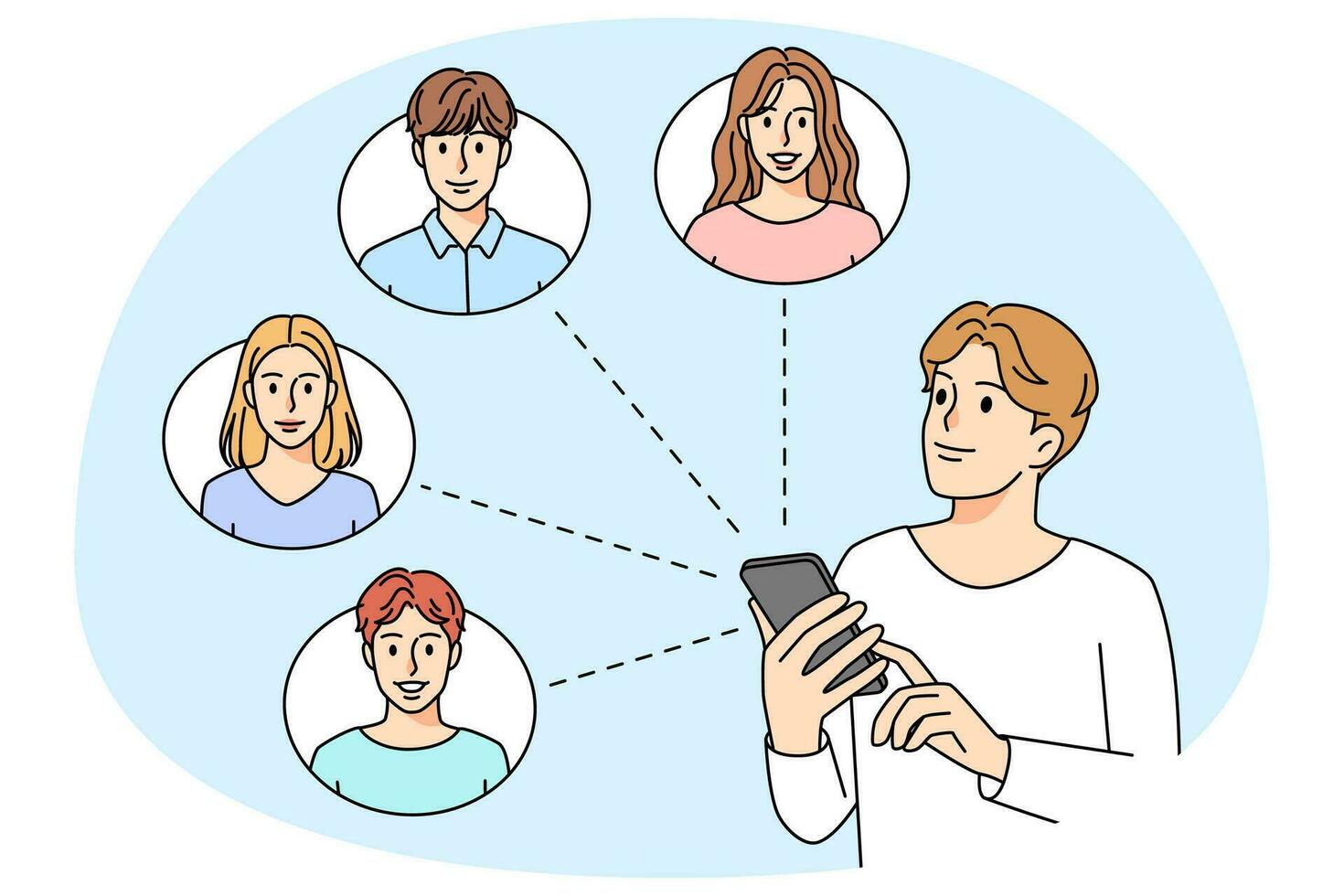 jong Mens communiceren met mensen Aan mobiele telefoon online. glimlachen vent tekst of babbelen Aan smartphone met vrienden. web communicatie concept. vector illustratie.