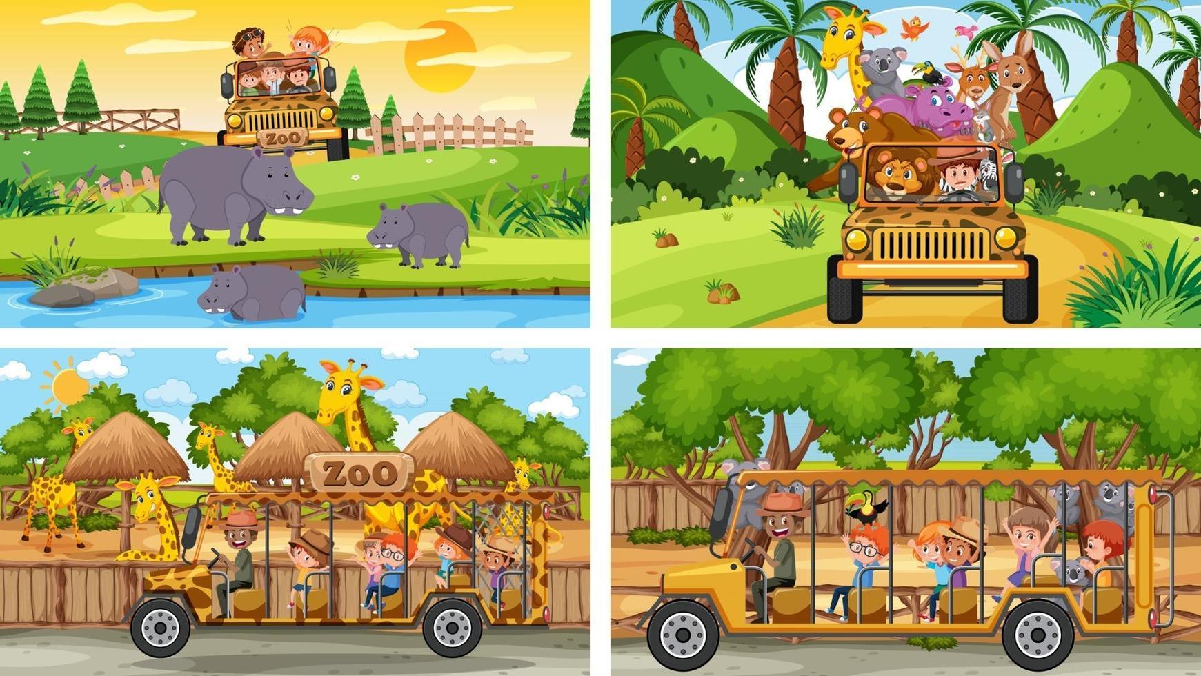 vier verschillende dierentuintaferelen met kinderen en dieren vector