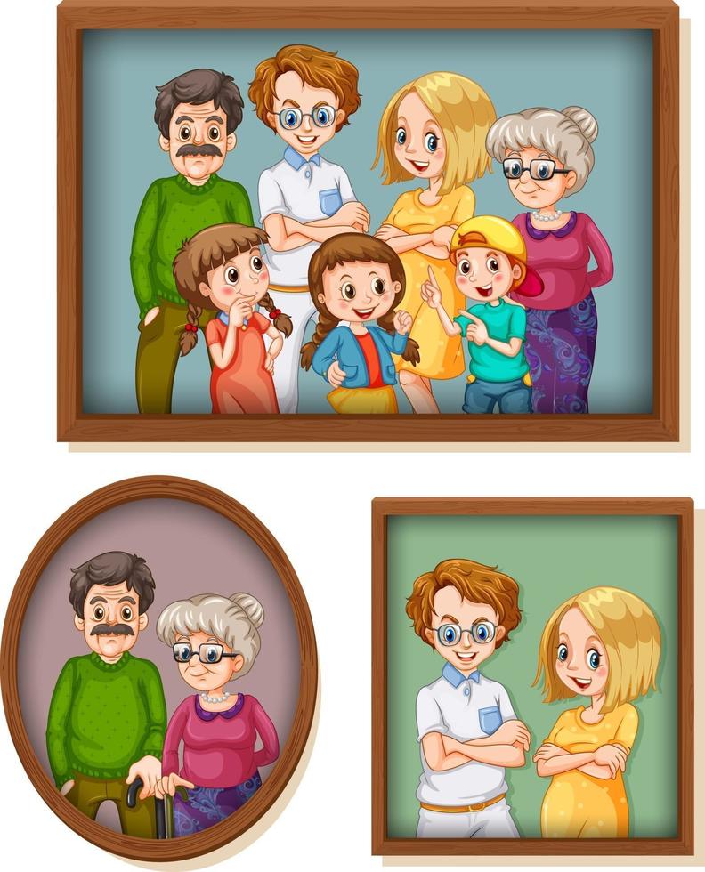 set van gelukkige familiefoto op het houten frame vector