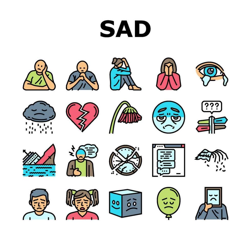 verdrietig humeur emotie gezicht pictogrammen reeks vector