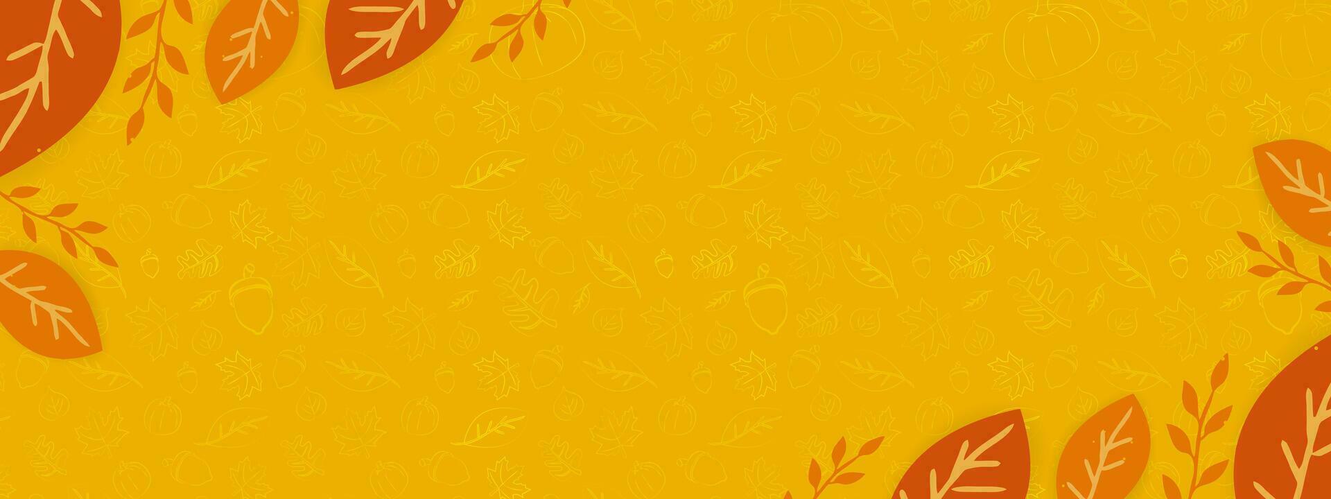 herfst seizoen banier met met kader van bladeren en hand getekend herfst elementen Aan oranje achtergrond. vector illustratie. eps 10.