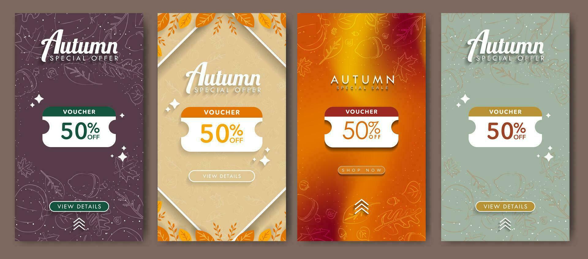 reeks van 4 herfst seizoen coupon waardebonnen sociaal media verhaal Sjablonen. herfst speciaal uitverkoop 50 uit waardebonnen Aan gekleurde en helling achtergronden met gebladerte en hand- getrokken vallen elementen. vector. vector