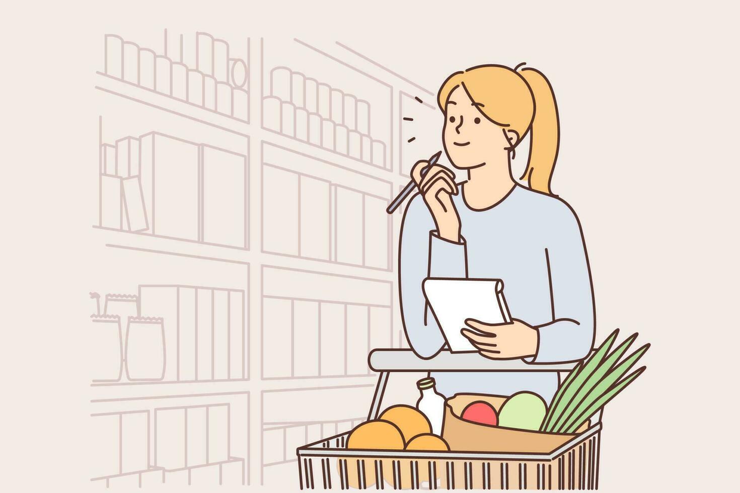 vrouw wandelingen in de omgeving van supermarkt met kar gevulde met groenten en houdt checklist in handen naar tellen calorieën of prijzen. meisje is boodschappen doen in supermarkt buying voedsel en gezond biologisch voedsel vector