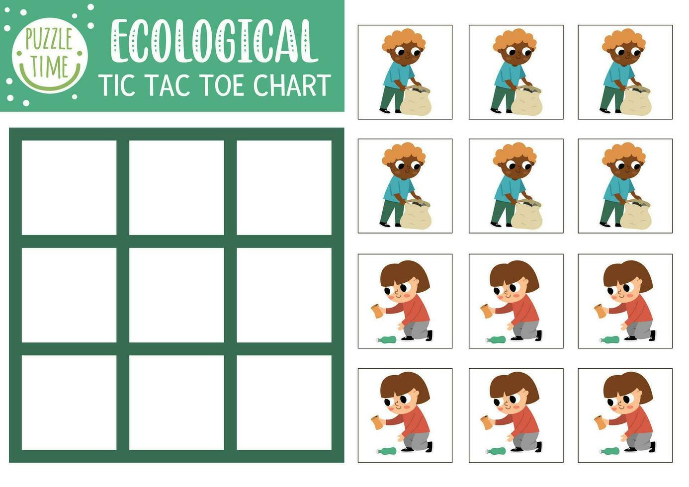 vector ecologisch tic tac teen tabel met schattig kinderen bijeenkomst afval. eco bewustzijn bord spel spelen veld. nul verspilling of aarde dag afdrukbare werkblad. nullen en kruisen rooster