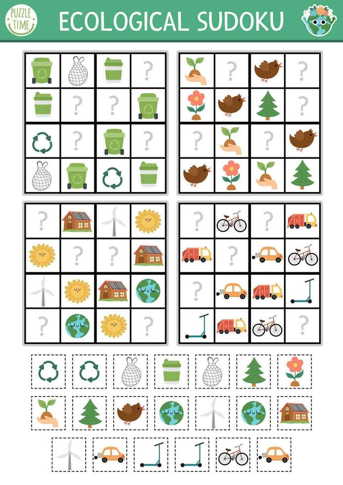 vector ecologisch sudoku puzzel voor kinderen met afbeeldingen. gemakkelijk aarde dag quiz met besnoeiing en lijm elementen. eco bewustzijn onderwijs werkzaamheid met nul verspilling concept. vind missend voorwerpen