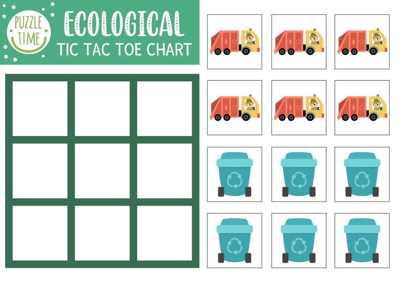 vector ecologisch tic tac teen tabel met verspilling vrachtauto en container. eco bewustzijn bord spel spelen veld. grappig aarde dag afdrukbare werkblad met speciaal vervoer. nullen en kruisen rooster