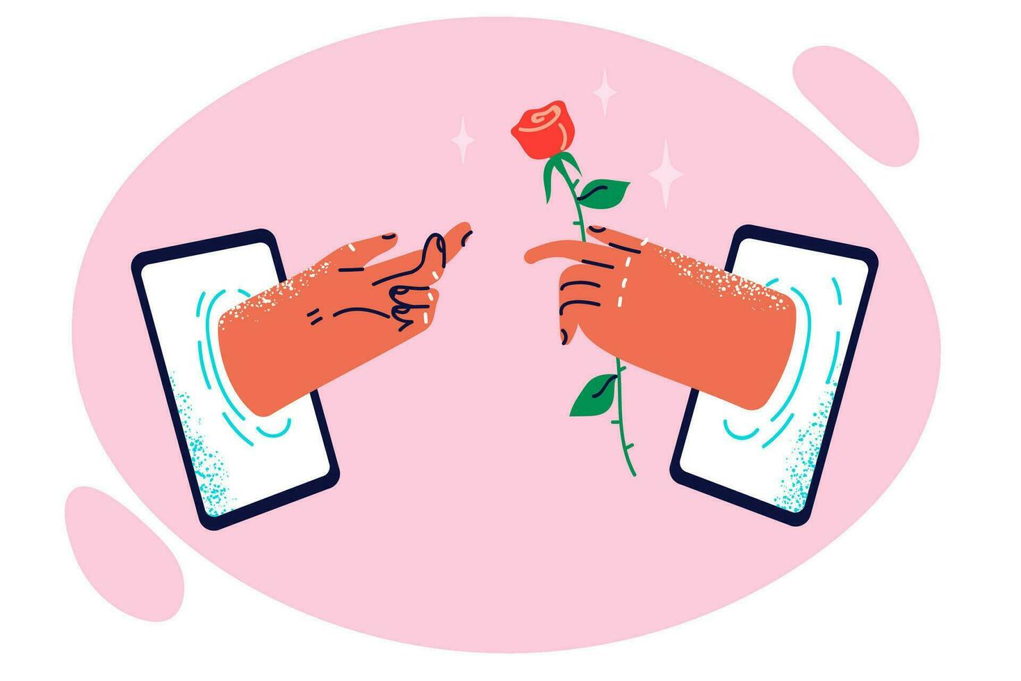 hand- met roos in tablet Scherm metafoor voor digitaal geschenk en romantisch berichten via internet app. concept van chatten Aan sites voor dating en Bezig met verzenden geschenk in cyberspace of internet flirten vector