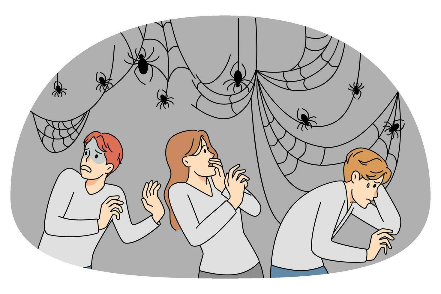 angstig mensen bang van spinnen Aan webben en netten. benadrukt mannen en Dames voelen bang en doodsbang lijden van arachnofobie. vector illustratie.