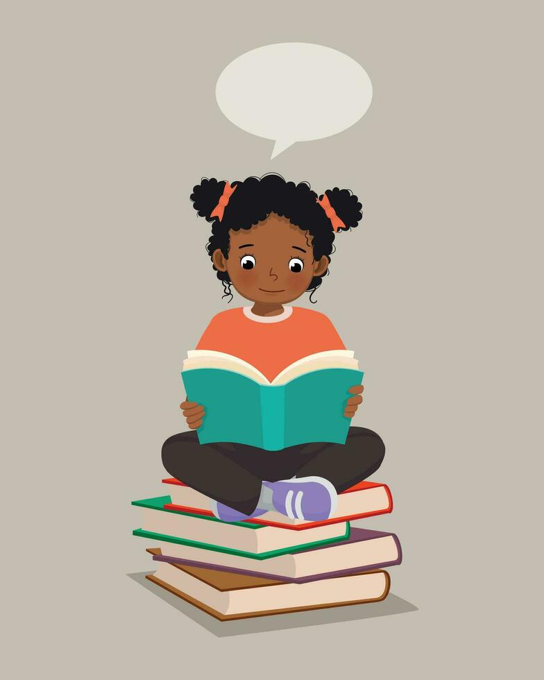 schattig weinig Afrikaanse meisje lezing een boek zittend Aan de stack van boeken vector