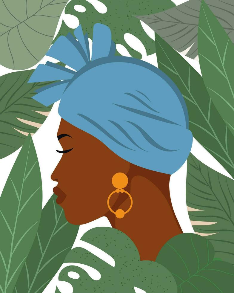 portret van een mooi Afrikaanse vrouw in een nationaal hoofdtooi in profiel. illustratie, vector