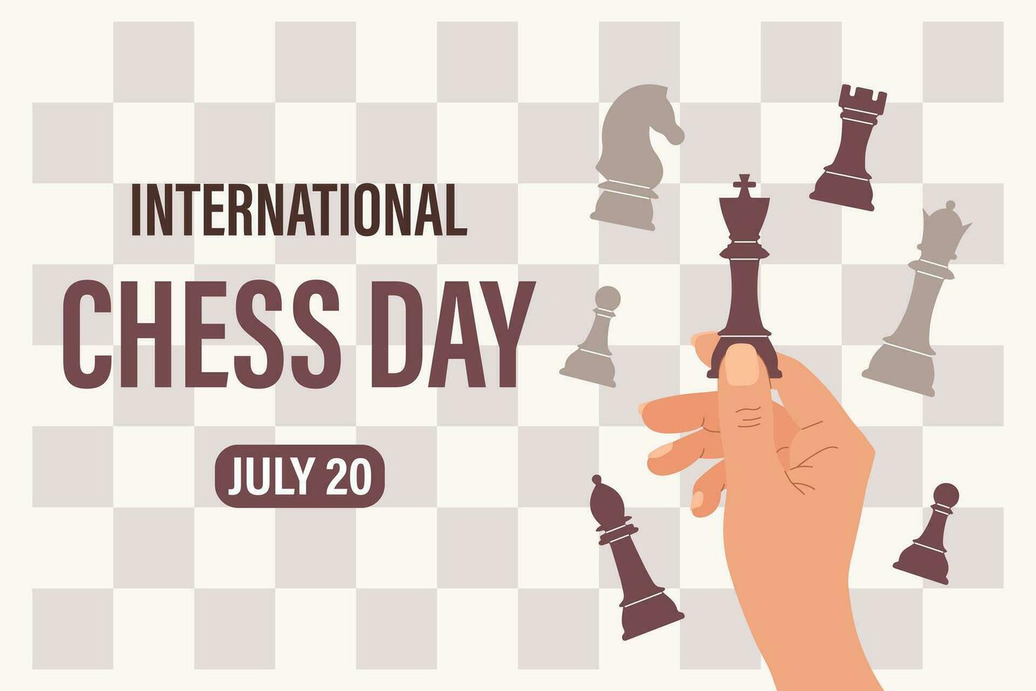 Internationale schaak dag. juli 20. de hand- houdt schaak stukken. feestelijk banier, illustratie, vector