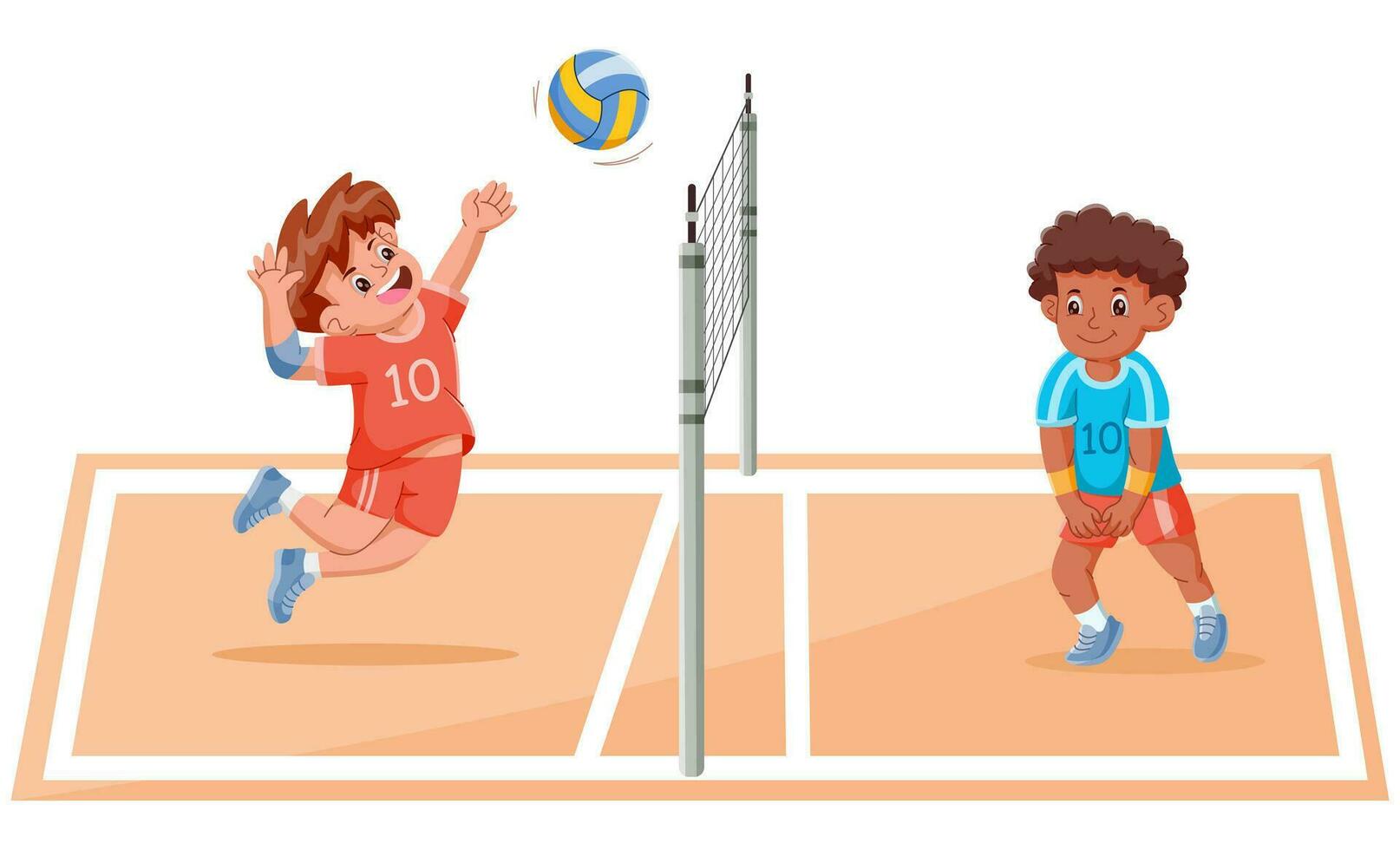 tekenfilm kinderen spelen volleybal in de veld. vector illustratie