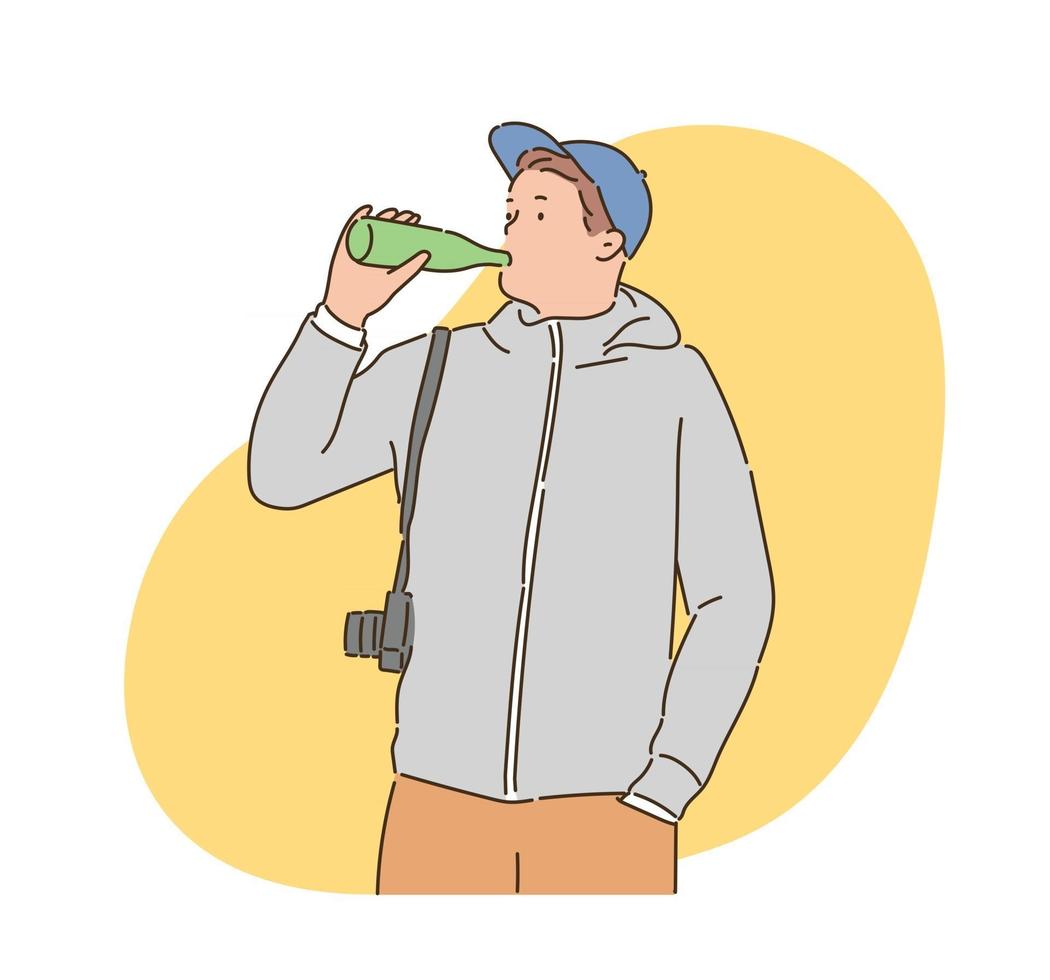 een man met een camera drinkt een drankje. handgetekende stijl vectorontwerpillustraties. vector