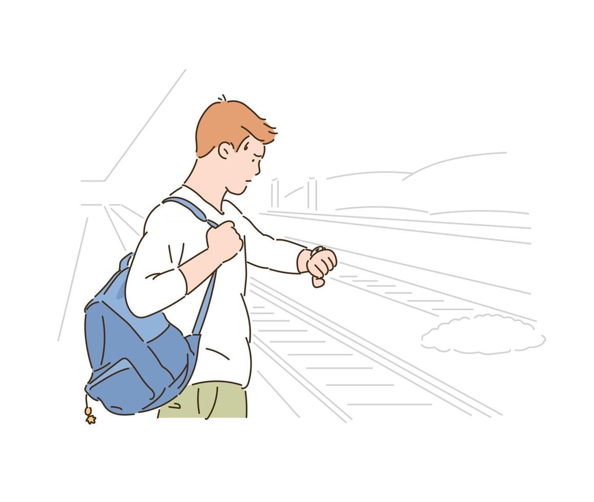 een man kijkt op zijn horloge terwijl hij op de metro wacht. handgetekende stijl vectorontwerpillustraties. vector