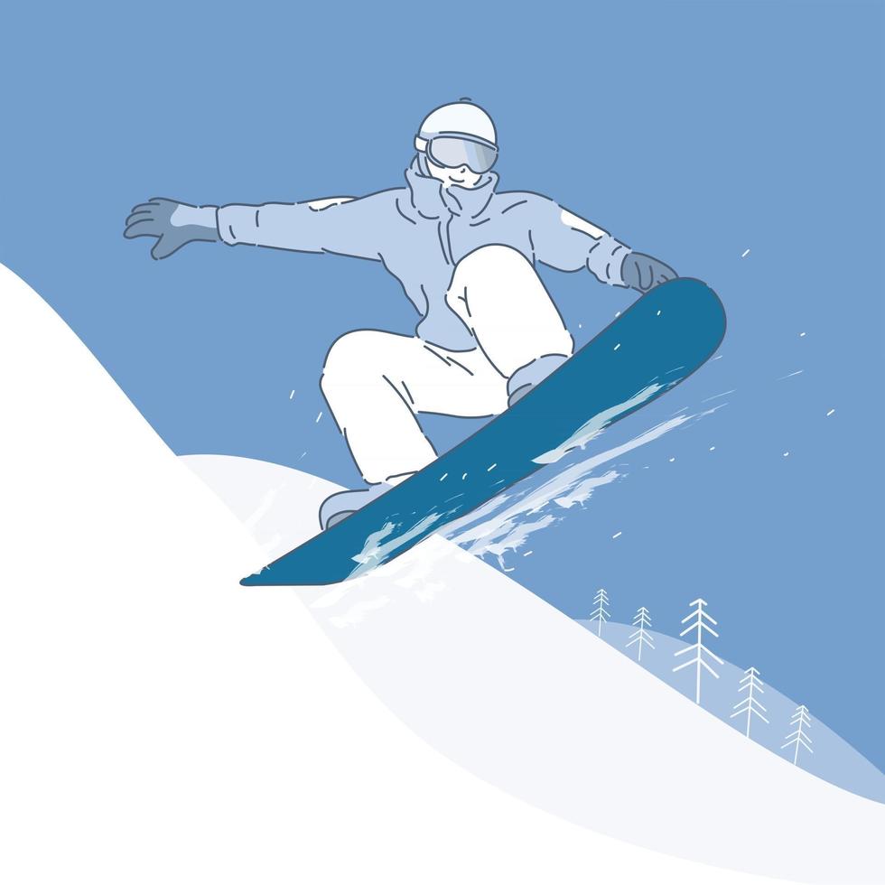 een persoon die op een snowboard springt. handgetekende stijl vectorontwerpillustraties. vector