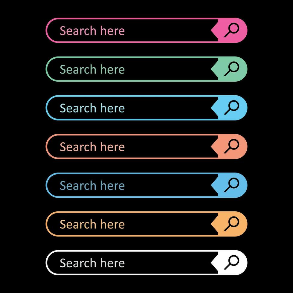 zoeken bar veld. reeks vector koppel elementen met zoeken knop. vlak vector illustratie Aan zwart achtergrond.