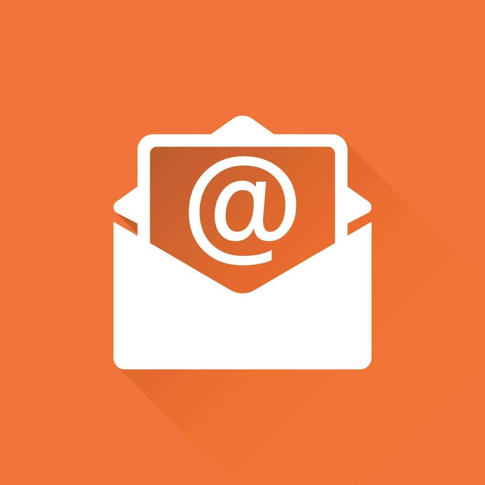 mail envelop icoon vector geïsoleerd Aan oranje achtergrond met lang schaduw. symbolen van e-mail vlak vector illustratie.