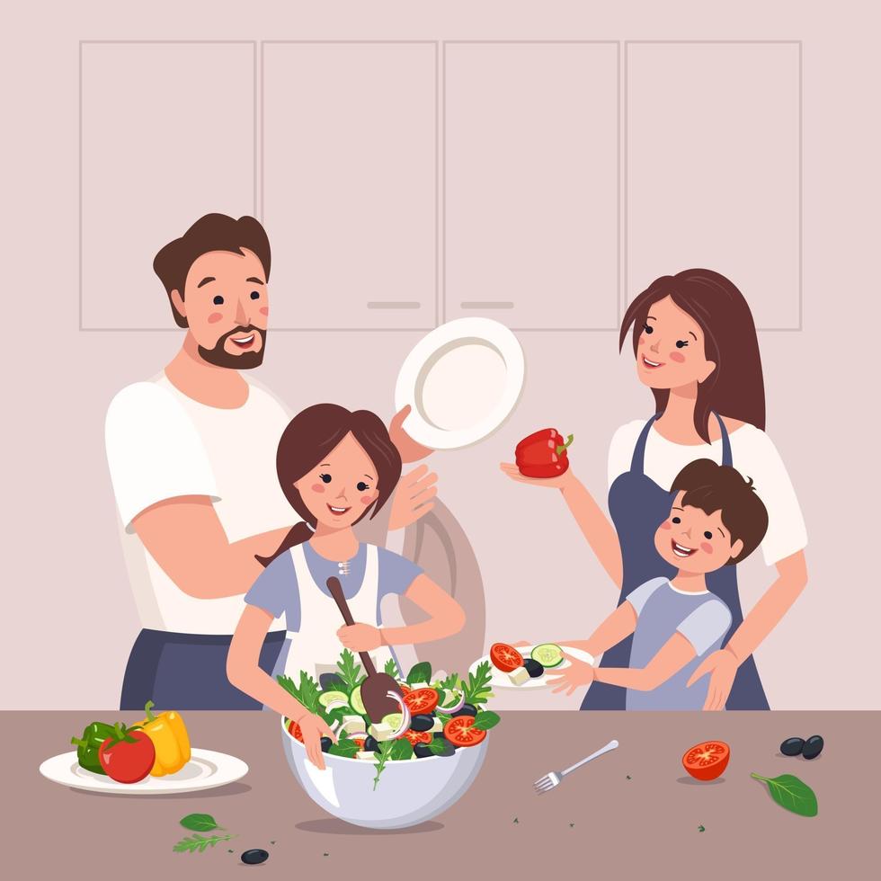 gelukkige familie bereidt eten. kinderen helpen hun ouders. het meisje maakt groentesalade. diner thuis met mama, papa, broer en zus. gezonde levensstijl, goede voeding vector