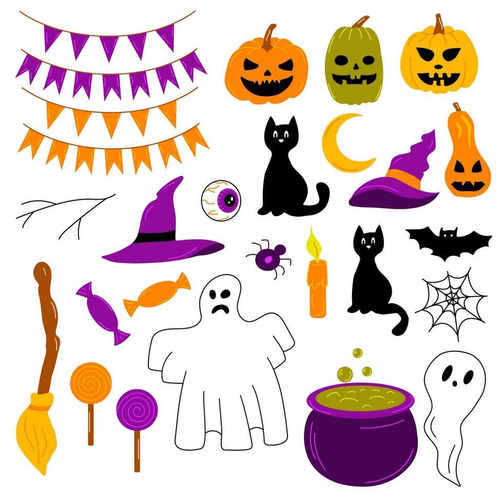 vector reeks van halloween pictogrammen. plakboek verzameling. groet kaart