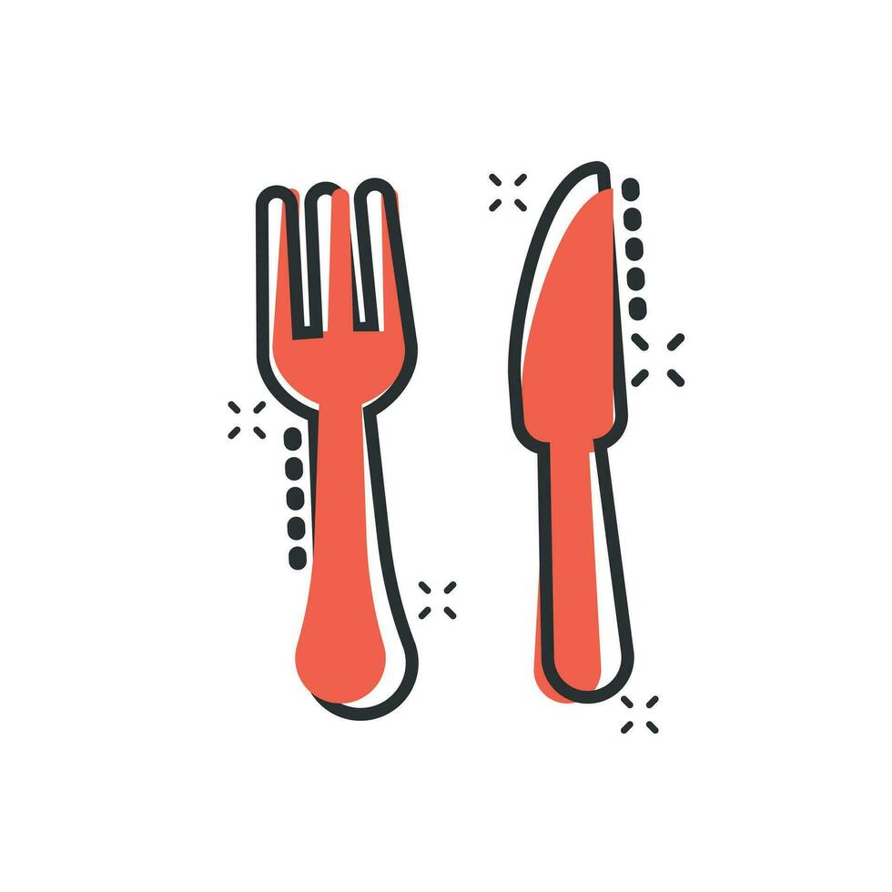 vork en mes restaurant icoon in grappig stijl. avondeten uitrusting vector tekenfilm illustratie pictogram. restaurant bedrijf concept plons effect.