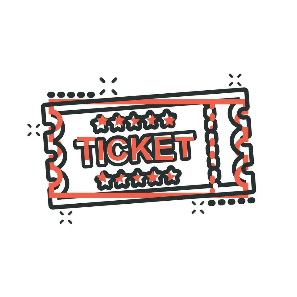 bioscoop ticket icoon in grappig stijl. toegeven een coupon Ingang vector tekenfilm illustratie pictogram. ticket bedrijf concept plons effect.