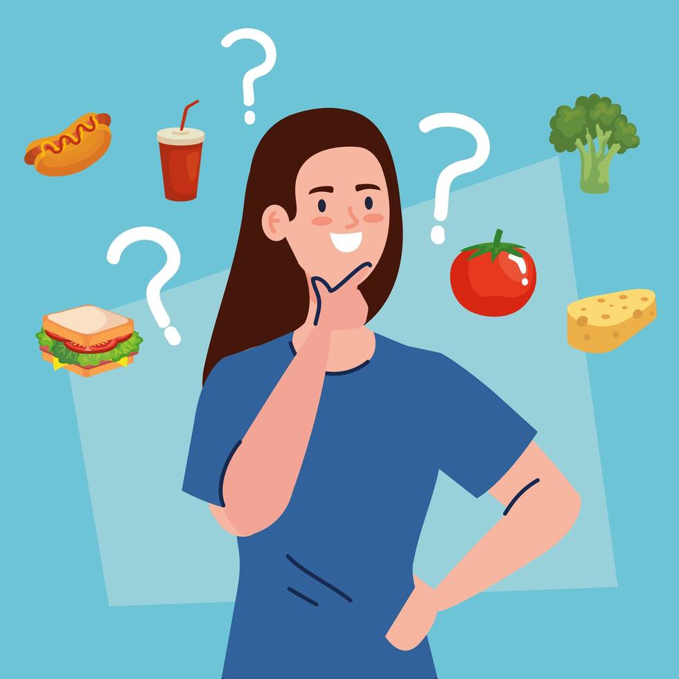 vrouw die kiest tussen gezond en ongezond eten, fastfood versus uitgebalanceerd menu vector