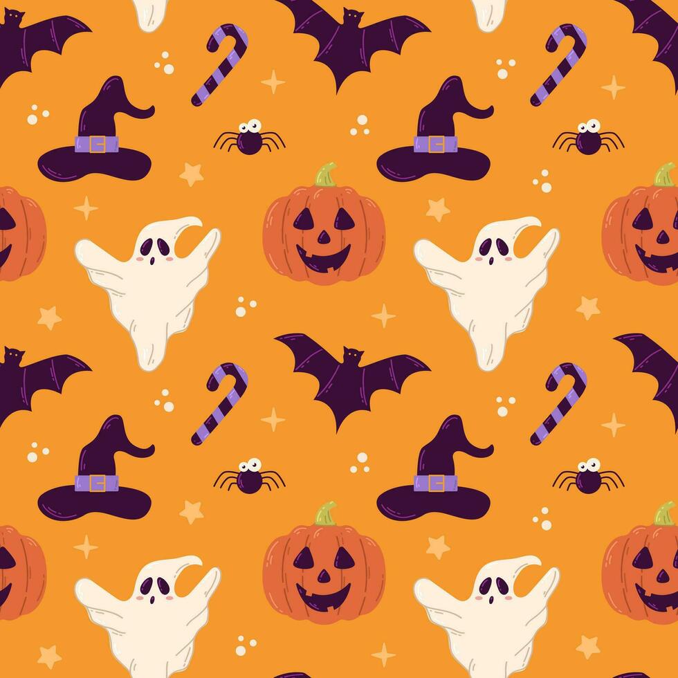 halloween vector naadloos patroon ontwerp met geest, pompoen en knuppel
