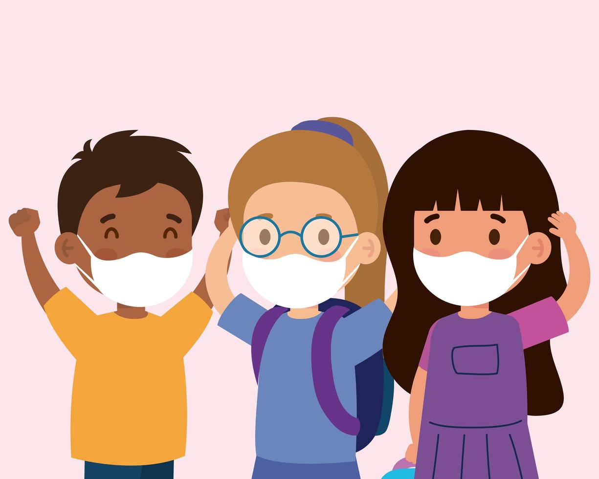 schattige kinderen die een medisch masker dragen om coronavirus covid 19 te voorkomen, studentenkinderen die een beschermend medisch masker dragen vector