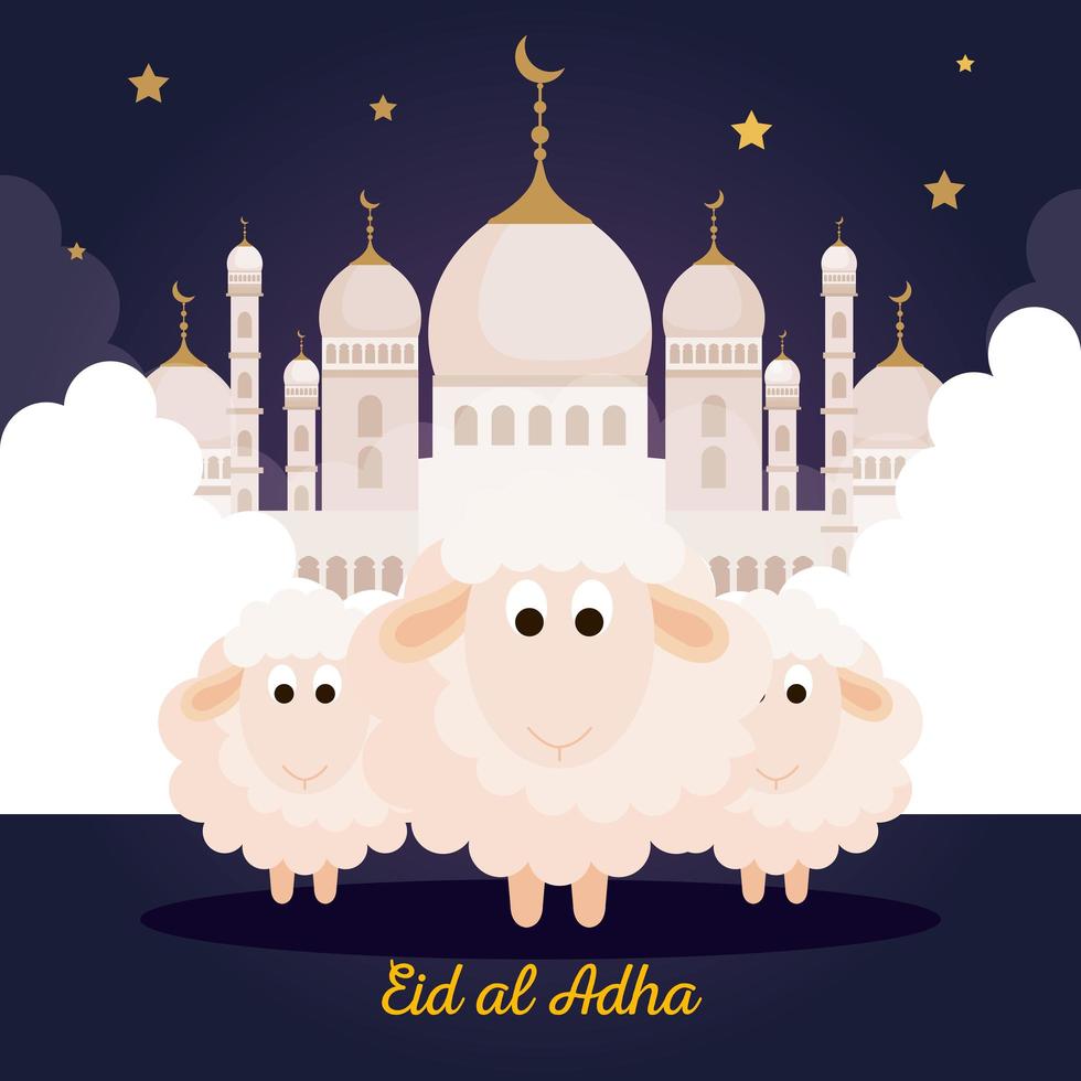 viering van moslimgemeenschapsfestival eid al adha, kaart met offerschapen en traditioneel monument op bewolkte nacht vector