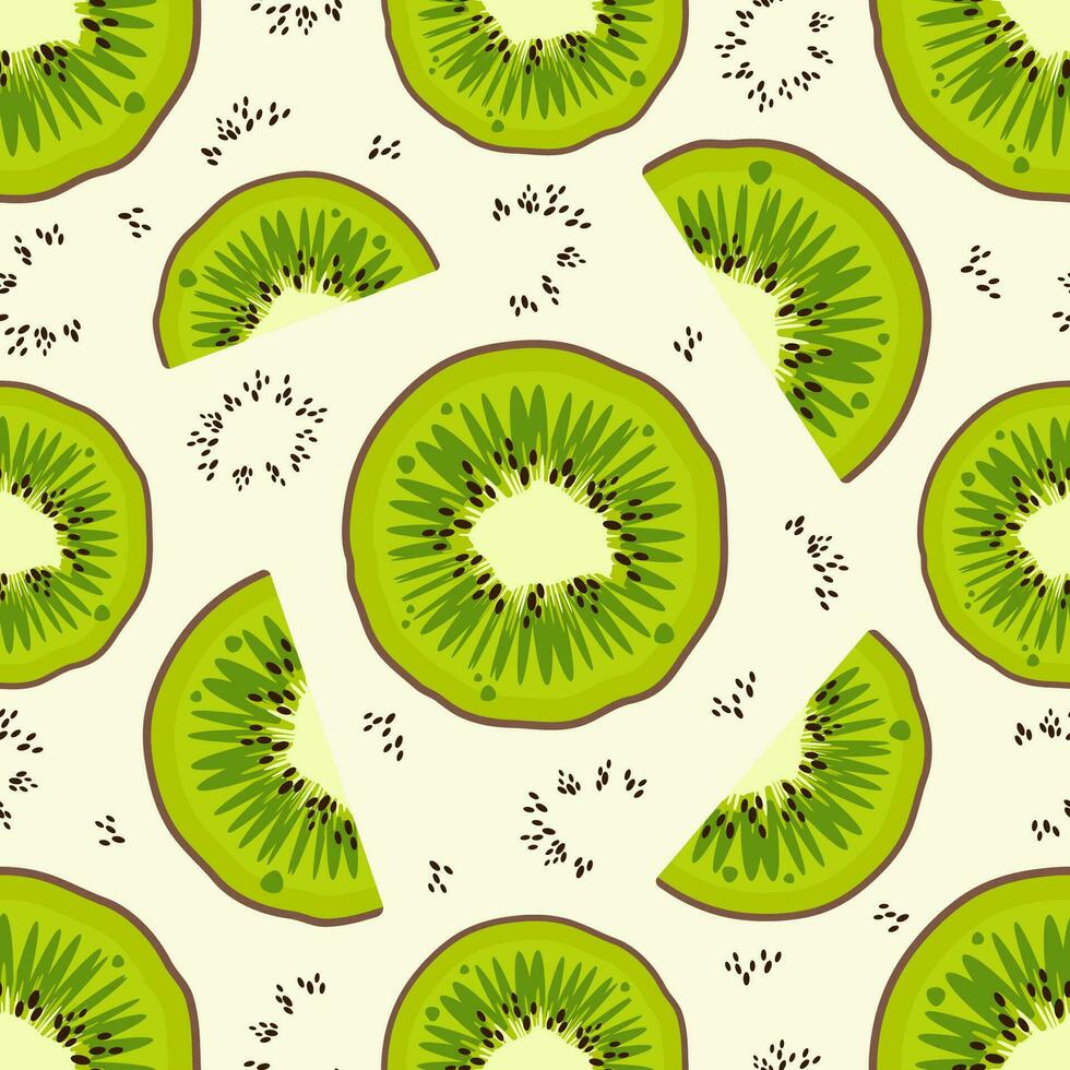 modieus vers fruit naadloos patroon. geheel kiwi fruit en kiwi plakjes met sappig pulp en zaden. helder exotisch achtergrond. vector illustratie voor behang,textiel, web, afdrukken, geval, omhulsel papier