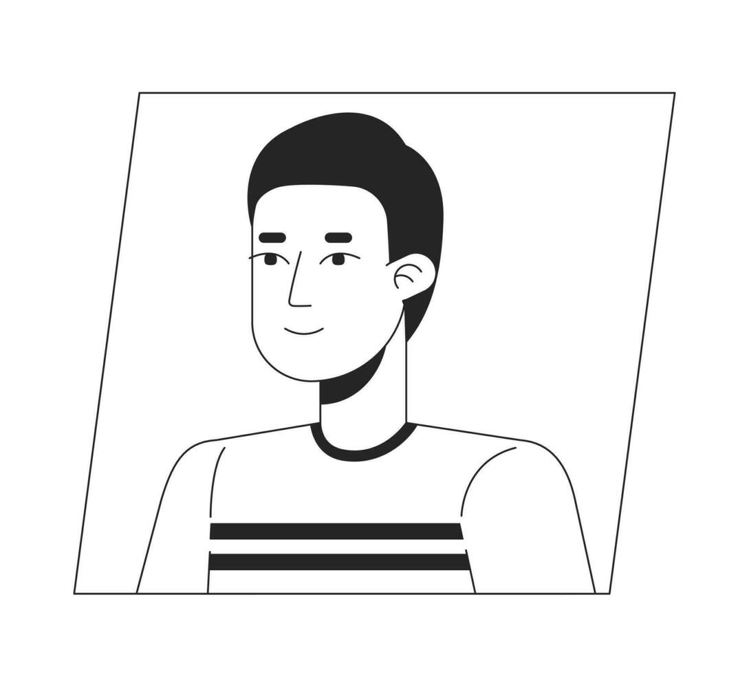 gelukkig Aziatisch Mens met kort kapsel zwart wit tekenfilm avatar icoon. bewerkbare 2d karakter gebruiker portret, lineair vlak illustratie. vector gezicht profiel. schets persoon hoofd en schouders