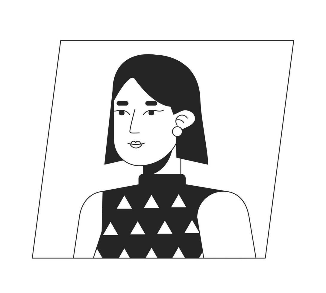 echt Aziatisch vrouw met kort haar- zwart wit tekenfilm avatar icoon. bewerkbare 2d karakter gebruiker portret, lineair vlak illustratie. vector gezicht profiel. schets persoon hoofd en schouders