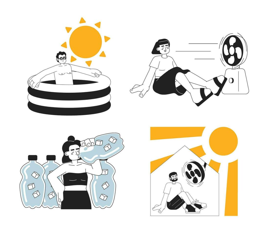 blijven koel gedurende warmte Golf monochroom concept vector plek illustratie set. zomer veiligheid 2d vlak bw tekenfilm tekens voor web ui ontwerp. hydratatie huis geïsoleerd bewerkbare hand- getrokken held beeld pak