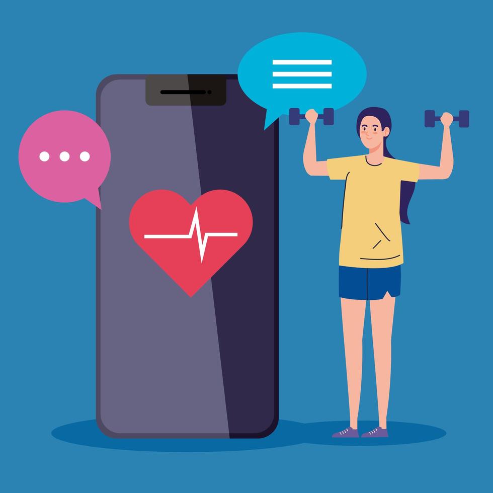 fitness-, training- en workout-app, vrouw die sport beoefent in smartphone, sport online vector