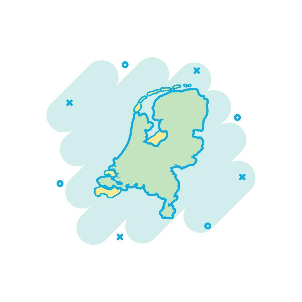 vector tekenfilm Nederland kaart icoon in grappig stijl. Nederland teken illustratie pictogram. cartografie kaart bedrijf plons effect concept.