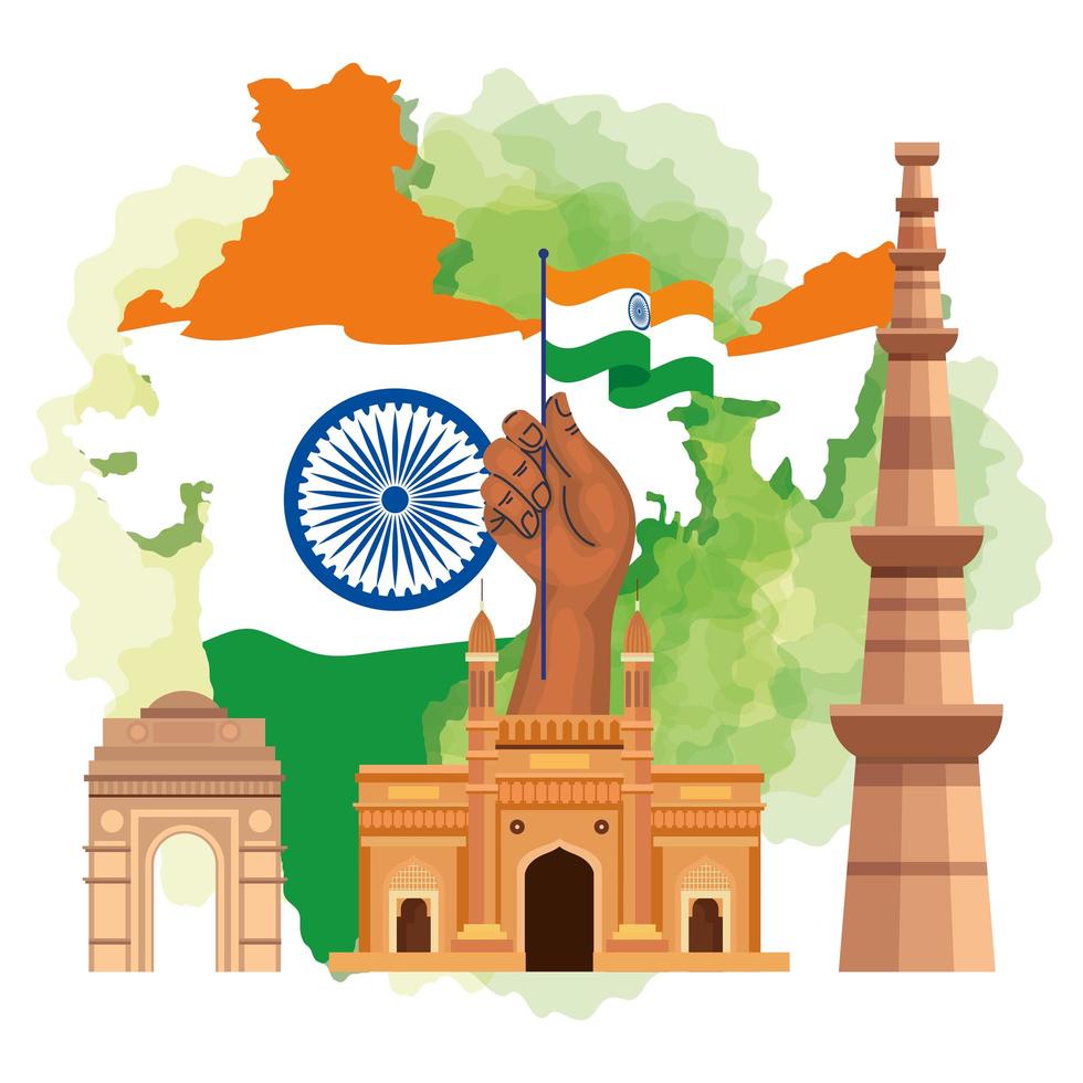 beroemde monumenten van india op de achtergrond voor gelukkige onafhankelijkheidsdag, met kaart van india en tradities iconen vector