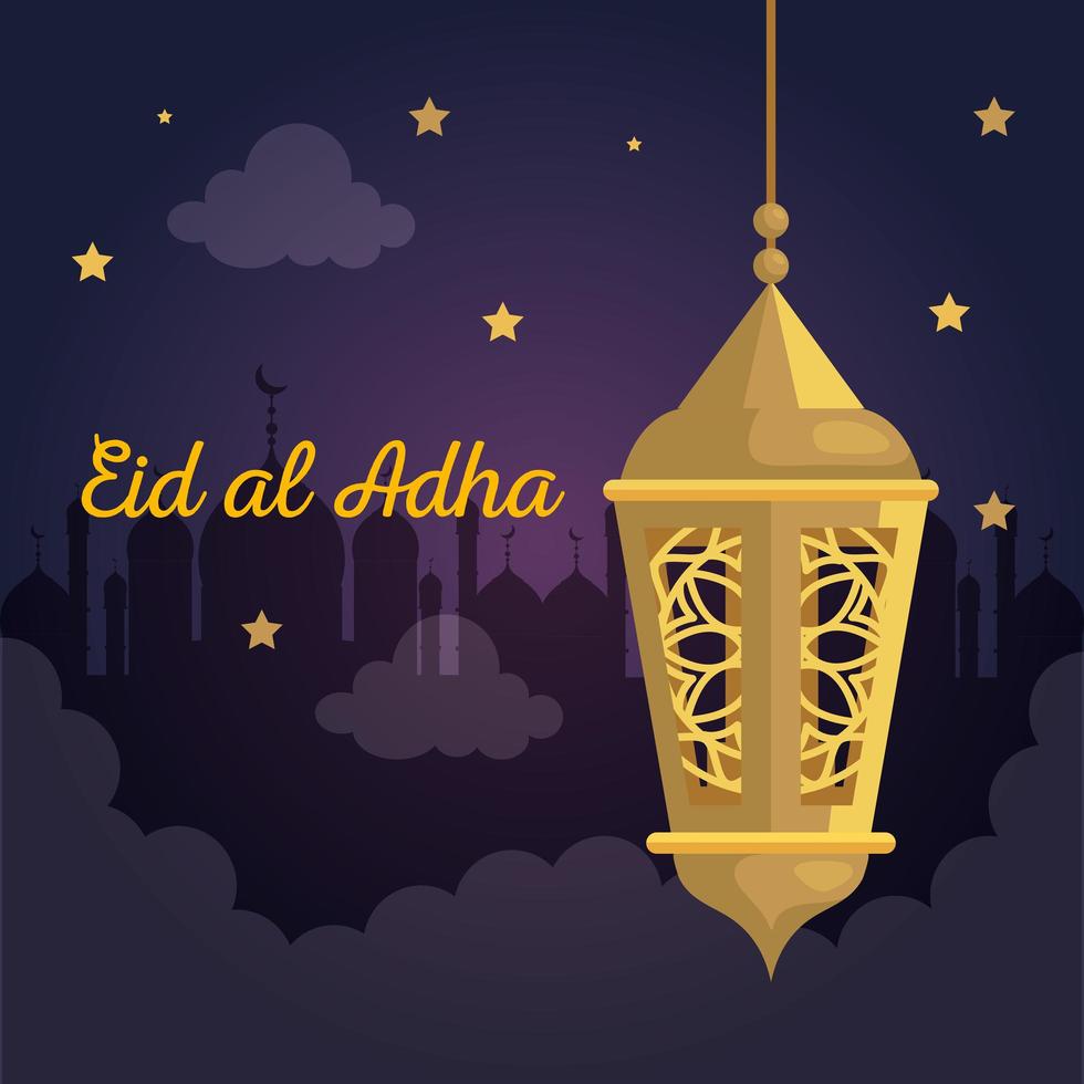eid al adha mubarak, gelukkig offerfeest, met gouden lantaarn hangende decoratie vector