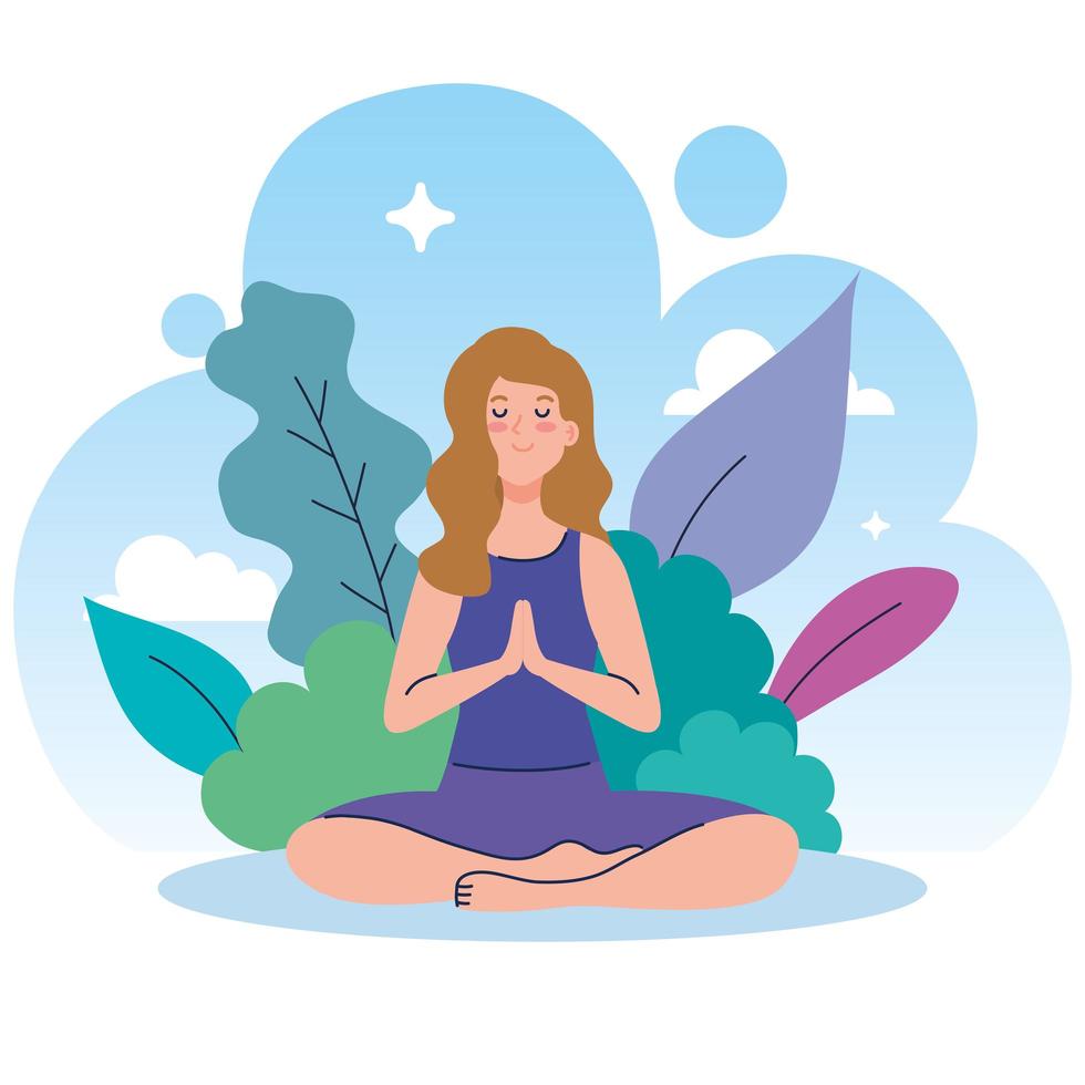 vrouw mediteren in de natuur en bladeren, concept voor yoga, meditatie, ontspannen, gezonde levensstijl vector