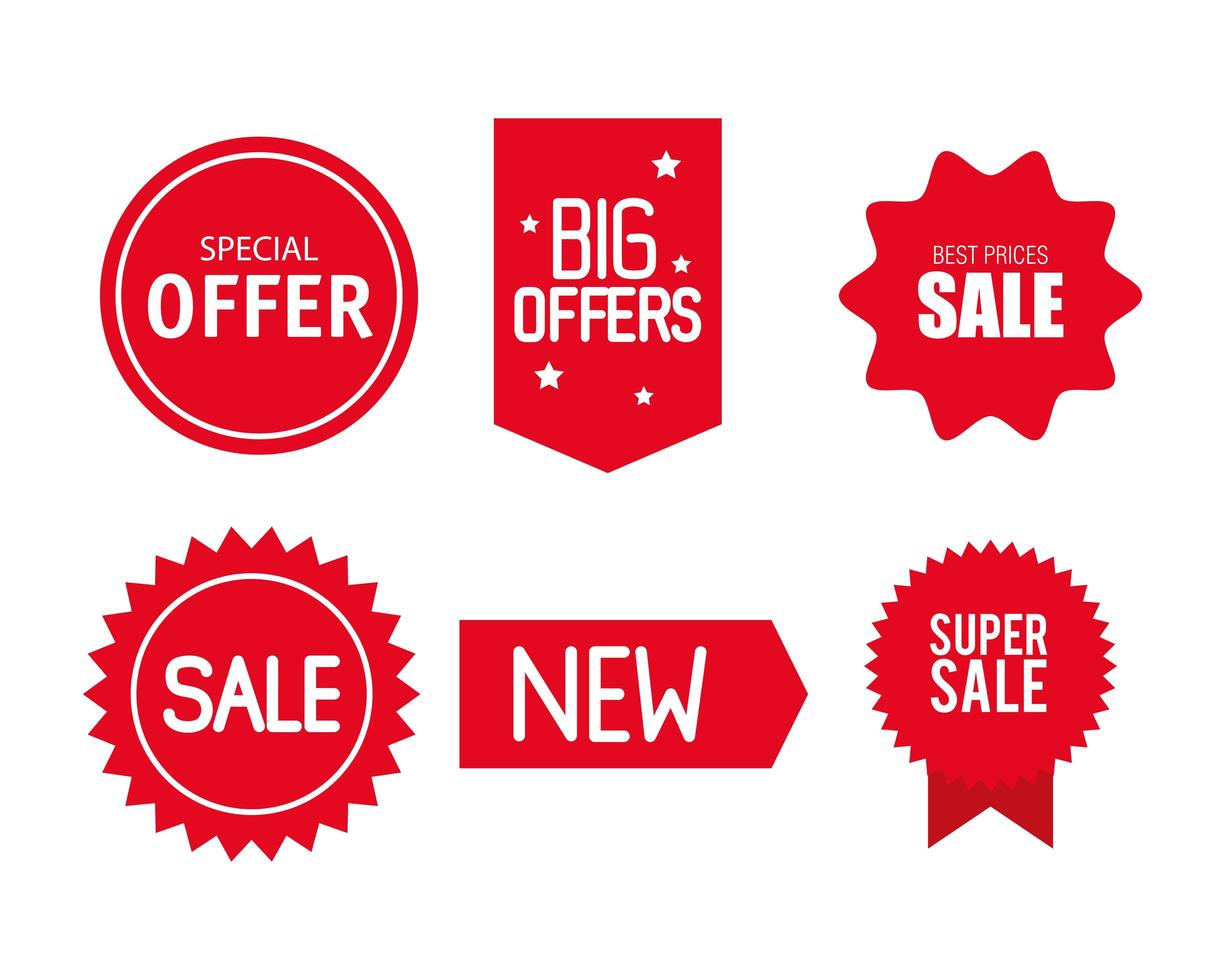prijskaartjes, collectie rode lintbanners, verkooppromotie, websitestickers, speciale aanbiedingen vector